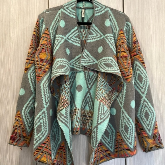 Petrol | Aztec Print Open Front Cardigan | Aqua,‎ Grey, Orange | Small/Medium - Picture 3 of 9